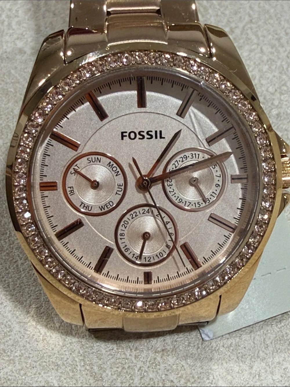 Fossil Rose Gold Tone Crystal Bezel Bracelet Watch